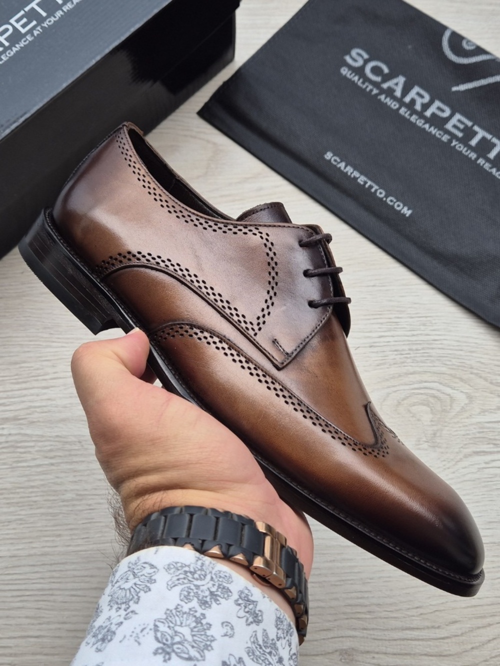 Rinaldo Whiskey Brown Leather Wingtip Brogue Derby Shoes – Hand-Burnished Patina